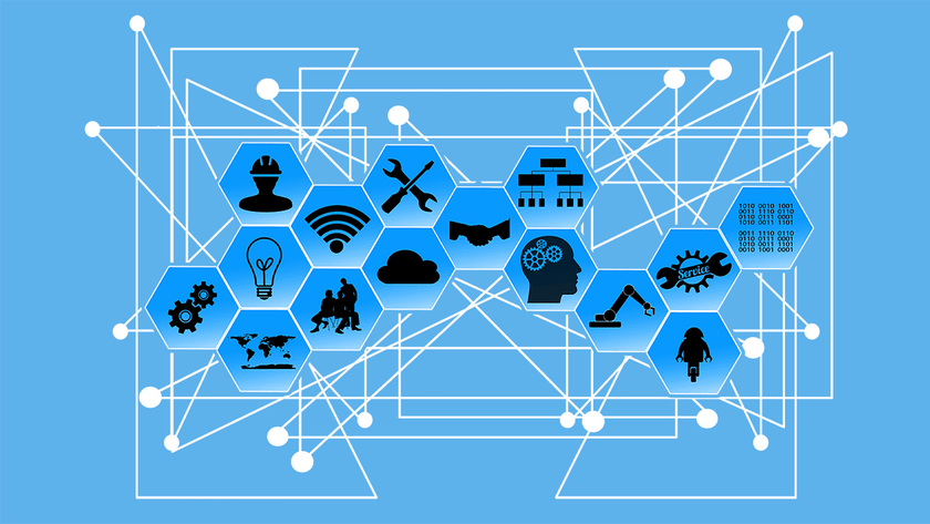 Un fond bleu avec diverses icônes.