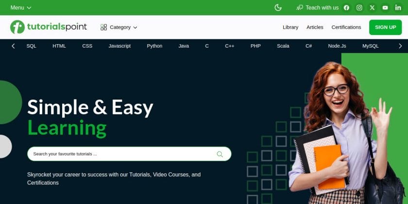 Une capture d'écran du site Web Tutorialspoint.