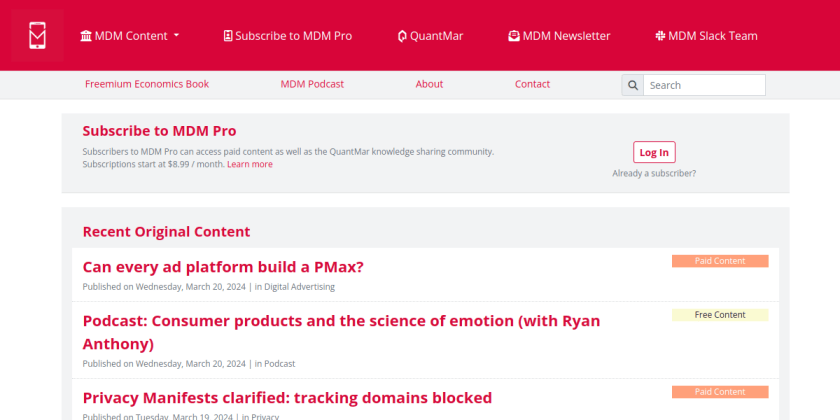 Une capture d'écran du site Web Mobile Dev Memo.