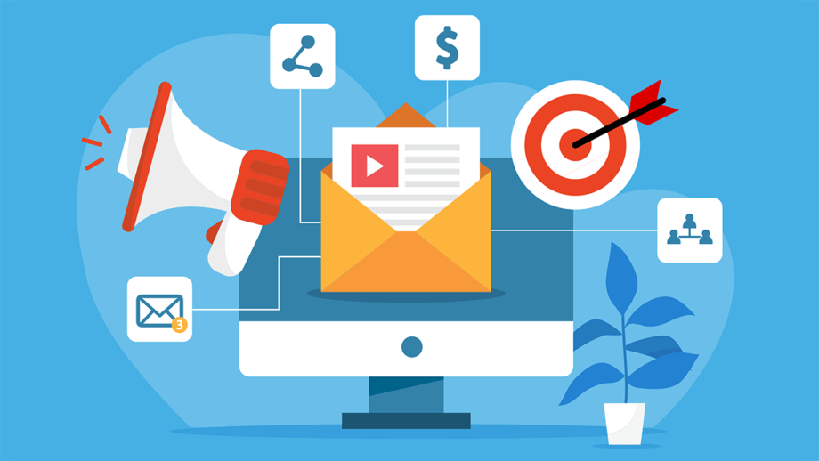 Illustration d'éléments de marketing numérique avec un ordinateur affichant une enveloppe, un mégaphone et des icônes de partage, d'argent et de ciblage, à côté d'une plante dans un pot.