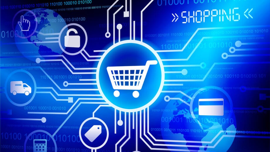 Illustration du concept de commerce électronique avec une icône de panier d'achat au centre, entourée d'icônes représentant la livraison, la sécurité, le paiement et les étiquettes de produits, reliées par des circuits numériques.