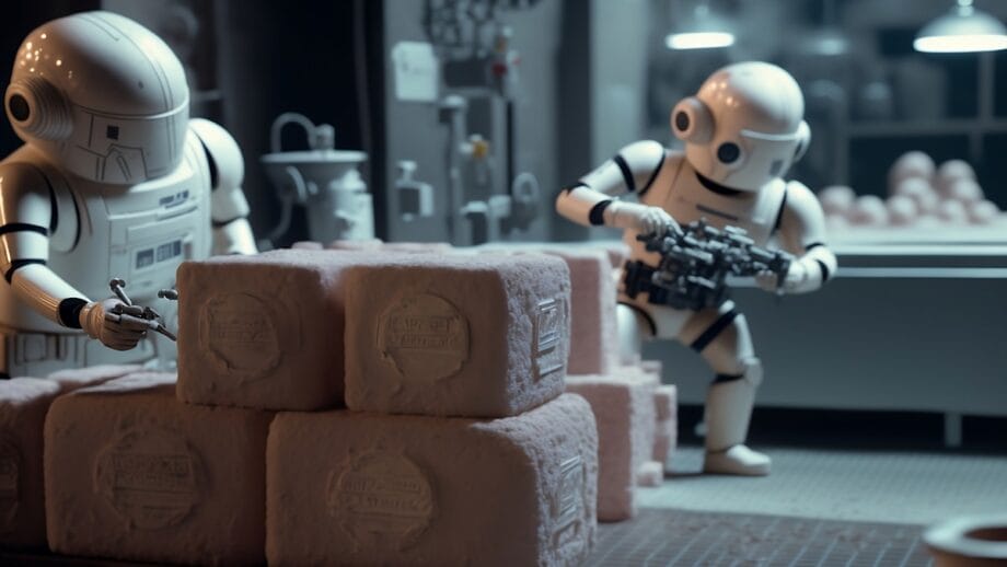 Deux robots dans un atelier, assemblant des machines à côté de blocs de mousse empilés sous des plafonniers.