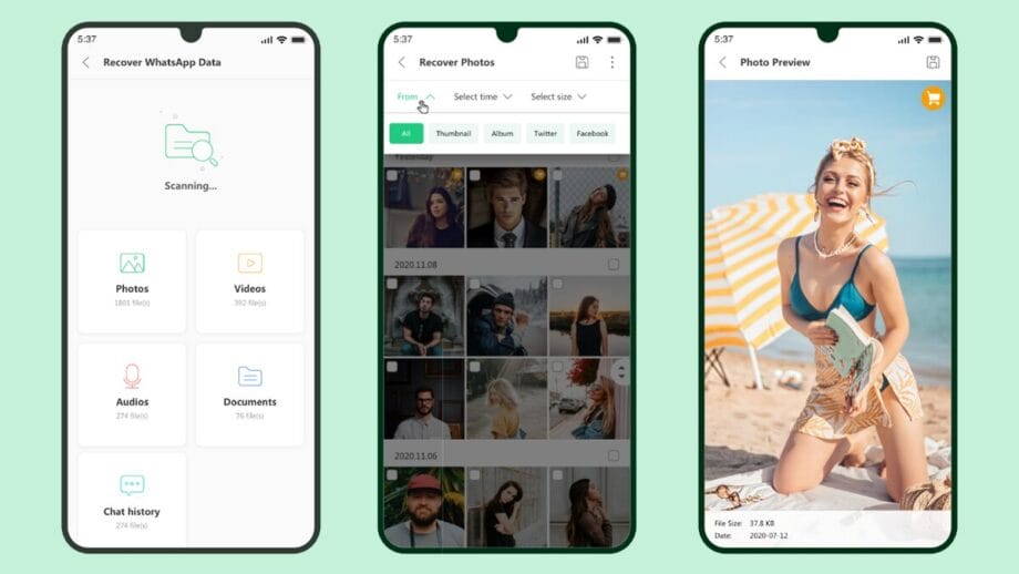 L'image est un collage de trois captures d'écran de smartphone présentant l'application de récupération de données UltData Android.