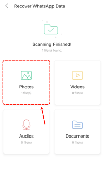 Interface de l'application affichant les options pour récupérer les données WhatsApp une fois l'analyse terminée. La section en surbrillance indique 1 fichier trouvé dans Photos. Les vidéos, audios et documents affichent 0 fichier.