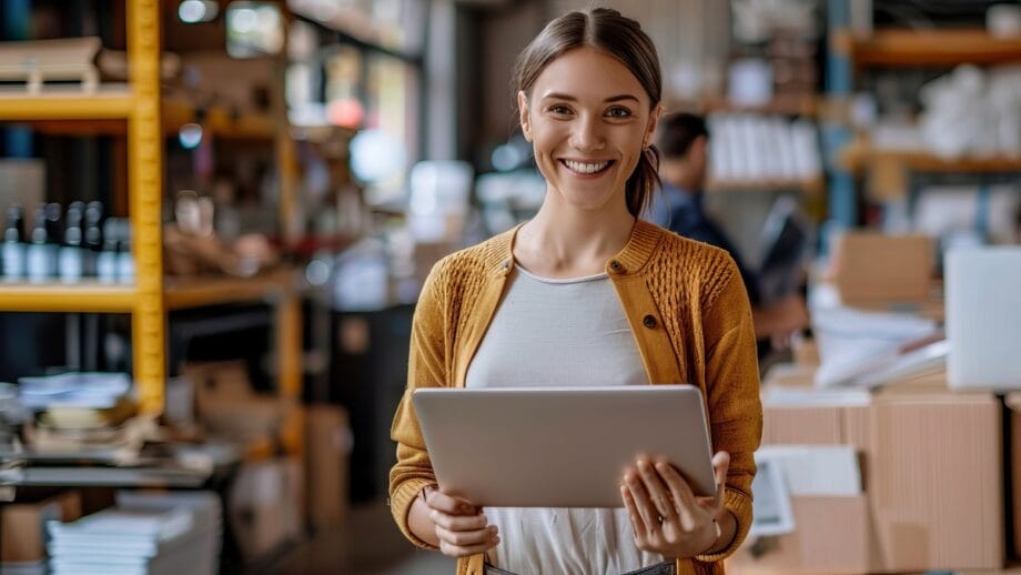 Une femme se tient dans un entrepôt, souriante et tenant une tablette. Des étagères remplies de cartons et de produits sont visibles en arrière-plan.