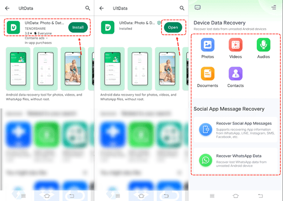 Capture d'écran de l'application UltData sur Google Play, montrant les options d'installation/ouverture et les fonctionnalités telles que la récupération de données pour les photos, vidéos, audios, documents et messages d'applications sociales, y compris WhatsApp.