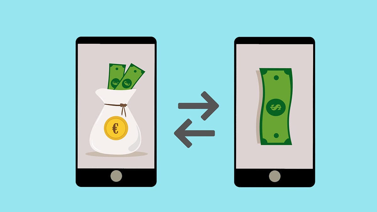 Illustration de deux smartphones montrant un échange d'argent, avec des flèches indiquant la conversion de devises entre euros et dollars.