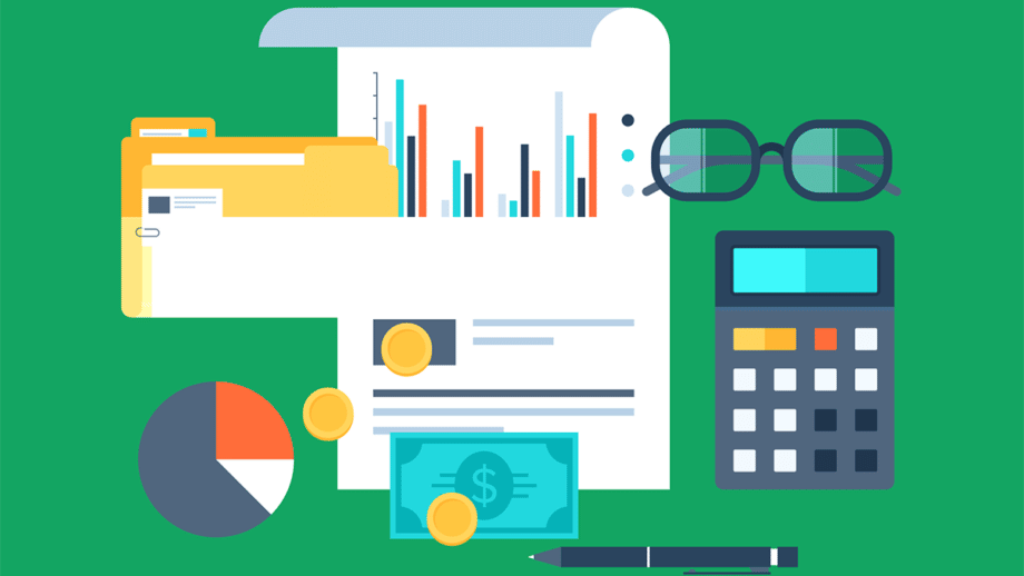 Illustration d'articles de bureau : documents avec des graphiques, des dossiers, des lunettes, une calculatrice, un stylo, de la monnaie et un diagramme circulaire sur fond vert.