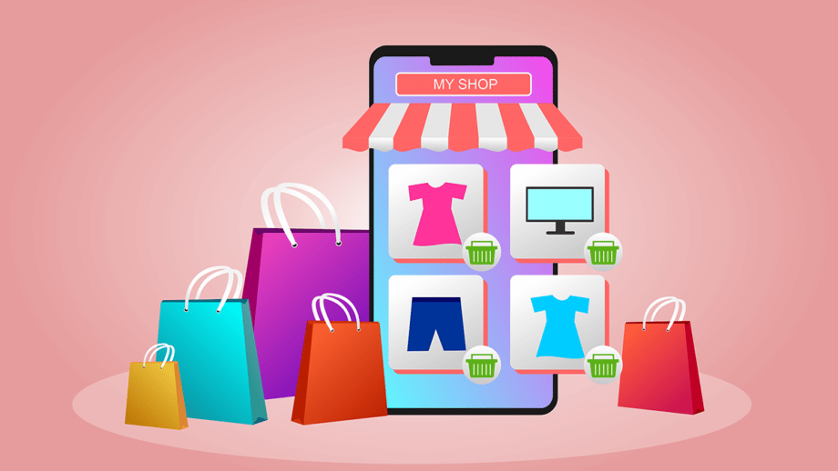 Illustration d'un développement d'applications mobiles pour les affaires de commerce électronique avec des icônes de vêtements et d'électronique. Le téléphone a un auvent rayé étiqueté «ma boutique». En entourant l'appareil, les sacs à provisions colorés de différentes tailles et couleurs sur un fond rose.