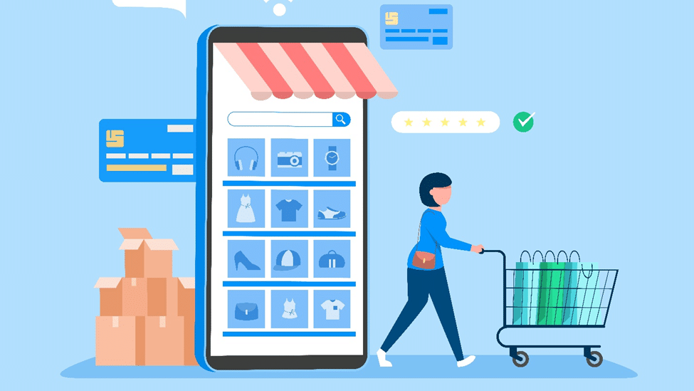 Illustration d'une personne avec un panier devant un smartphone géant affichant une boutique en ligne, avec des boîtes et des icônes de paiement.