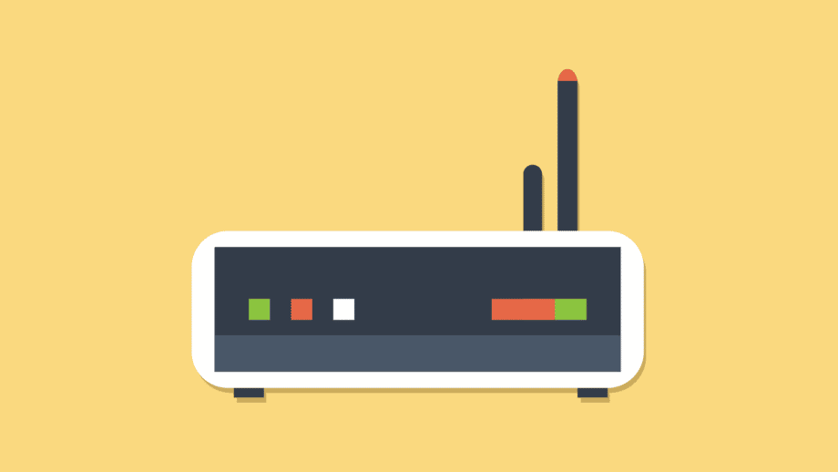 Illustration d'un routeur Wi-Fi noir et blanc avec deux antennes, placée sur un fond jaune.