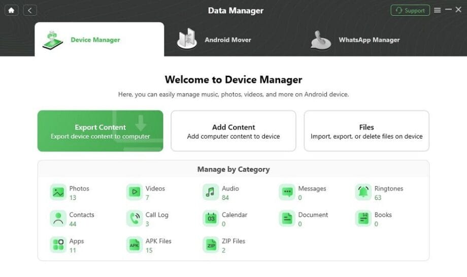 Capture d'écran d'une interface de gestionnaire de données affichant des options pour exporter du contenu, ajouter du contenu et gérer les fichiers par catégorie, tels que les photos et les vidéos.