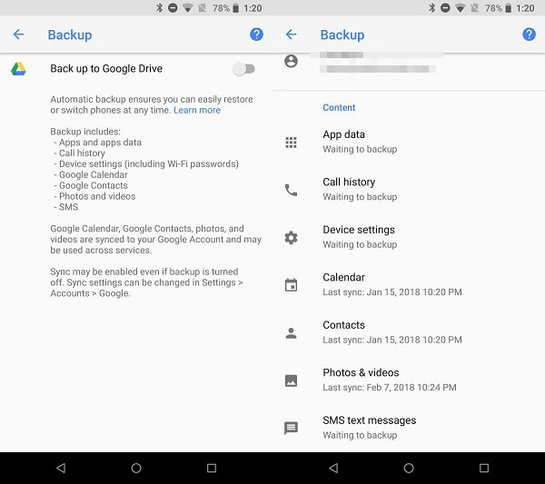 L'écran de smartphone affiche les paramètres de sauvegarde Google Drive, répertoriant des éléments tels que les données de l'application, l'historique des appels et les paramètres de périphérique avec des temps de synchronisation récents.