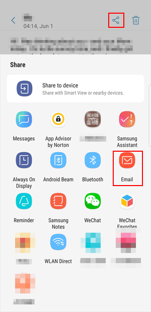 Capture d'écran d'un menu de partage de smartphones avec des options telles que les messages, Bluetooth, WeChat et E-mail mis en évidence en rouge.