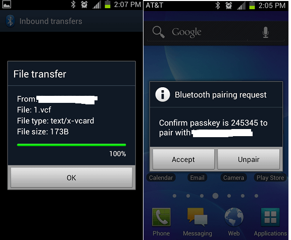 Gauche: transfert de fichier terminé d'une carte .vcf. À droite: demande de couple Bluetooth avec Passkey 245345.