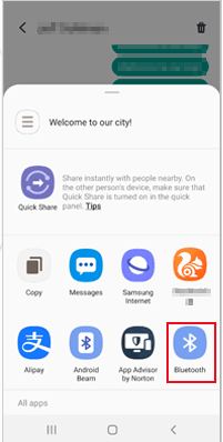 Écran mobile affichant des options de partage, y compris les messages, Samsung Internet et Bluetooth, entre autres.