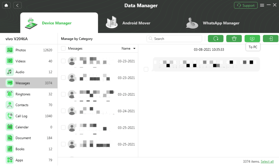 Interface logicielle de gestion des données montrant les détails des périphériques, les catégories de fichiers et une liste de messages avec des dates et des heures sur un écran d'ordinateur.