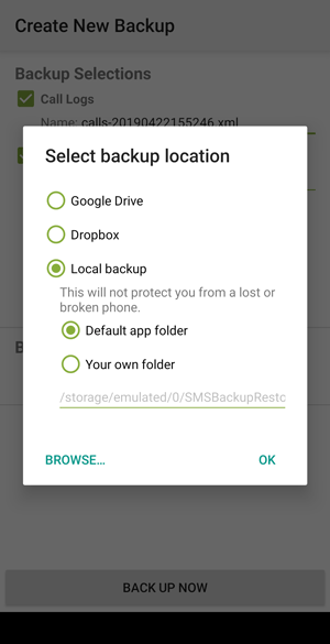 Capture d'écran d'un nouvel écran de sauvegarde Créer un nouvel écran d'affichage pour sélectionner l'emplacement de sauvegarde: Google Drive, Dropbox, Sauvegarde locale, dossier d'application par défaut.