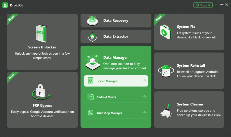 Tableau de bord du logiciel Droidkit mettant en évidence des fonctionnalités telles que la récupération des données, le déverrouillage d'écran, le nettoyant système, et plus encore avec le schéma de couleurs vert et gris.