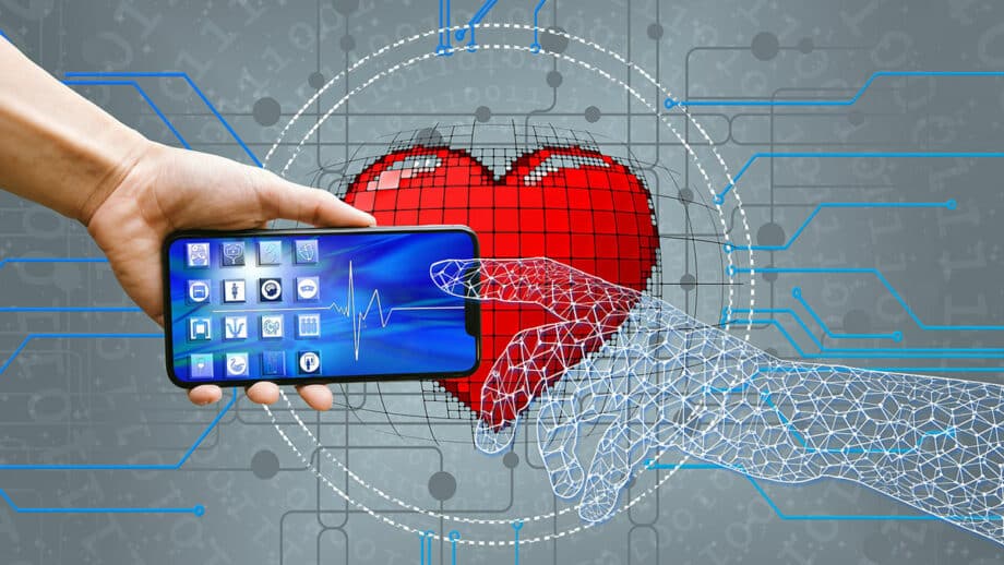 Une main humaine tenant un smartphone touche une main numérique devant un cœur rouge pixélé, symbolisant la connexion entre la technologie et les soins de santé.