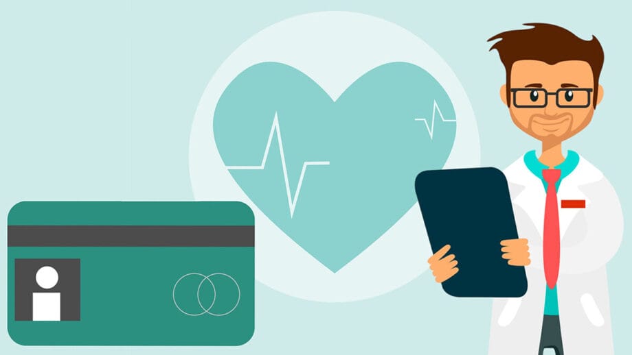 Illustration d'un médecin tenant un presse-papiers à côté d'une carte de santé, avec une ligne de cœur et d'EKG en arrière-plan.
