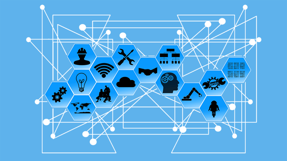 Les icônes hexagonales représentant divers concepts technologiques et industriels, notamment le cloud computing, l'intelligence artificielle, la robotique et la connectivité sans fil, ont organisé un fond bleu avec des lignes connectées.