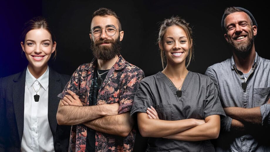 Quatre personnes se tiennent côte à côte sur un fond sombre, chacune souriante, les bras croisés, portant diverses tenues professionnelles et un appareil Fieldy.