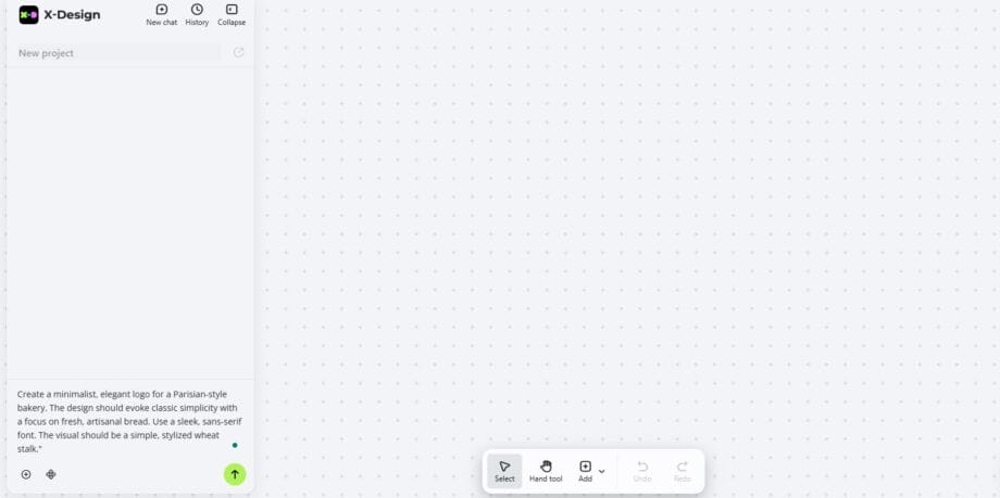 Interface de l'application X-Design affichant un espace de travail vide, un menu de barre latérale à gauche et une barre d'outils en bas au centre.