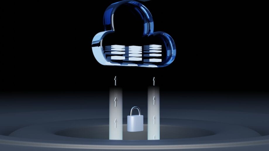 Une icône de cloud numérique avec des racks de serveur au-dessus d'un cadenas, symbolisant le stockage et le transfert sécurisés de données dans le cloud.
