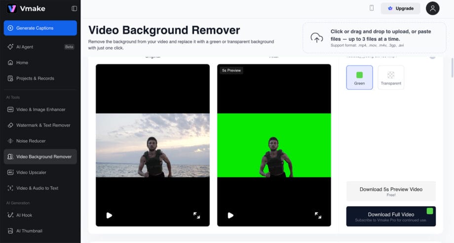 L'outil Vmake AI Video Background Remover affiche une comparaison avant et après d'un homme qui court, avec l'arrière-plan changé en vert sur la droite.