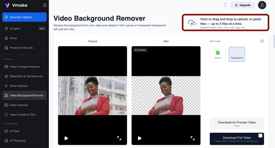 Capture d'écran de Vmake AI Video Background Remover montrant une vidéo originale avec un arrière-plan et une version éditée avec un arrière-plan transparent.