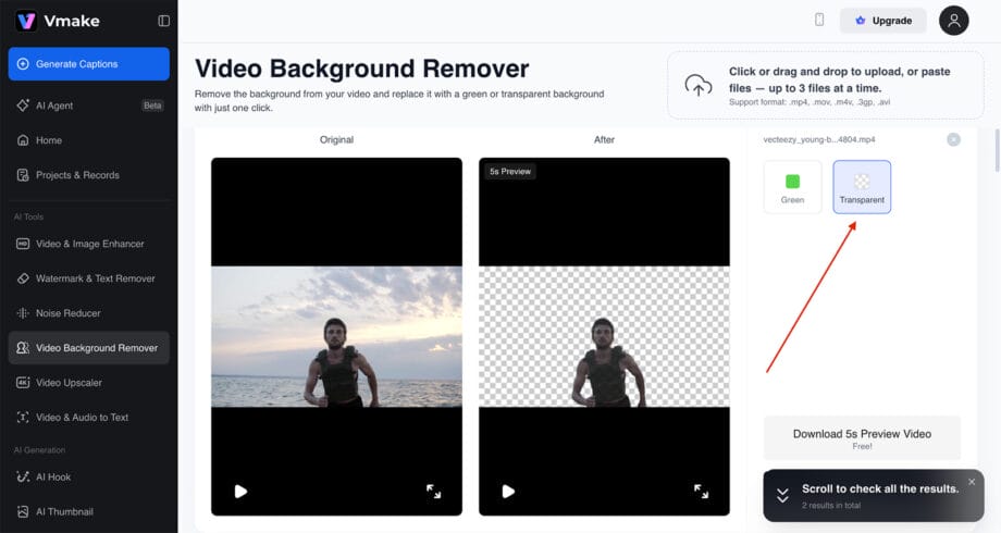 L'interface de Vmake AI Video Background Remover affiche un homme qui court, avec l'original à gauche et une version en arrière-plan transparent à droite.