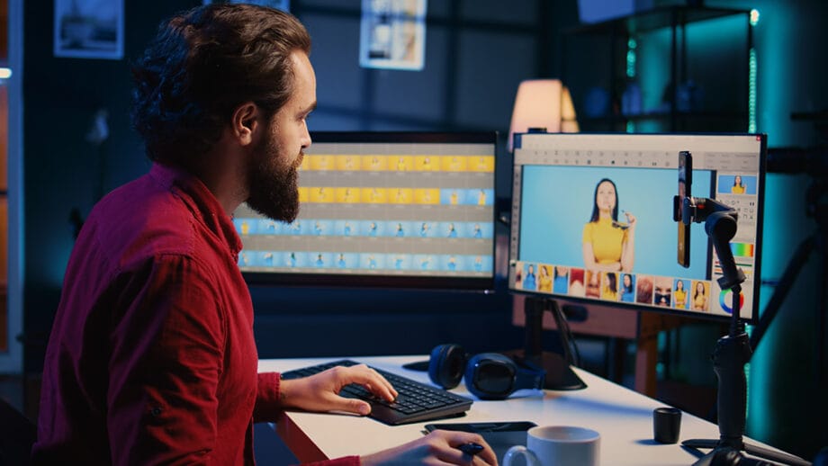 Homme montant une vidéo d'une femme en jaune sur un ordinateur, avec deux moniteurs, des écouteurs et une caméra sur le bureau.
