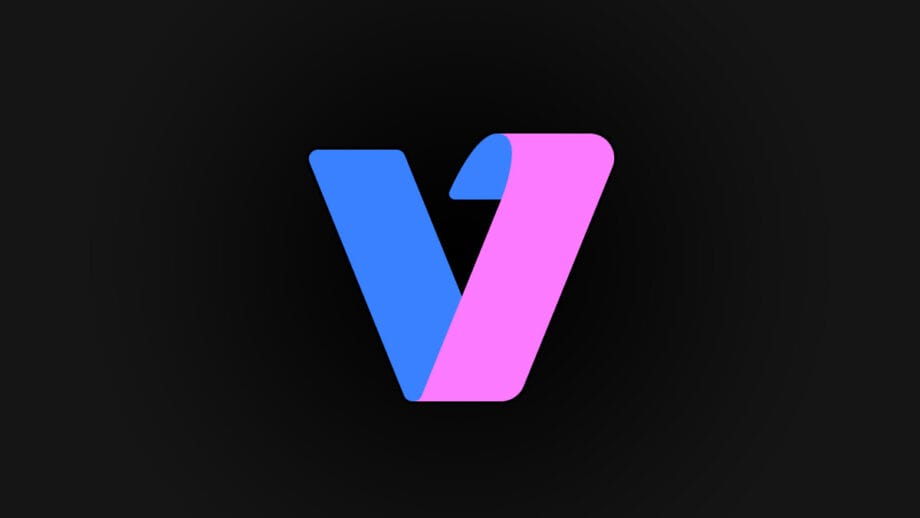 Un logo de Vmake AI Video Background Remover, où une lettre V stylisée est divisée en bleu à gauche et rose à droite, sur un fond noir.