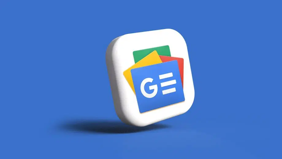 Icône 3D du logo Google Actualités comportant des cartes superposées en vert, jaune et rouge sur fond bleu.
