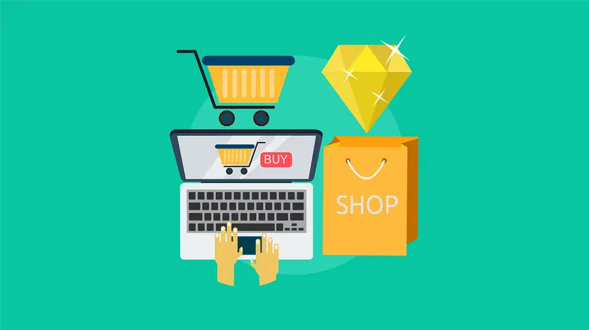 Illustration de mains tapant sur un ordinateur portable avec un panier, un bouton d'achat, un sac à provisions et un diamant, représentant les achats en ligne.