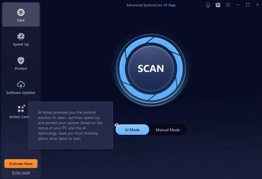 Advanced SystemCare 19 Interface gratuite affichant un grand bouton « SCAN » et des options de menu sur la gauche pour Care, Speed Up, Protect, et plus encore.