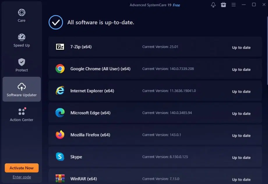 Une fenêtre de mise à jour du logiciel affiche six programmes, dont Chrome et Firefox, tous marqués comme à jour avec leurs versions actuelles répertoriées.