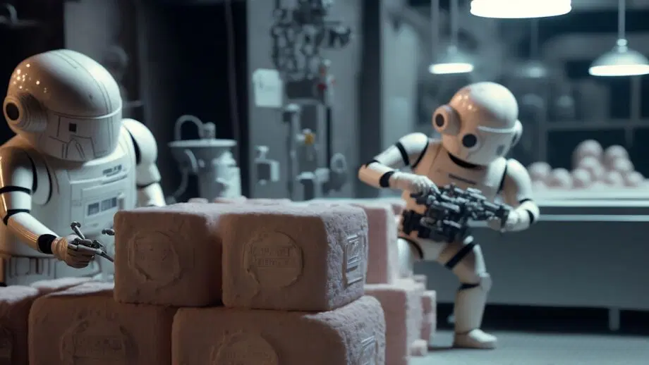Deux robots dans une usine travaillent avec des blocs et des machines empilés sous des plafonniers lumineux.