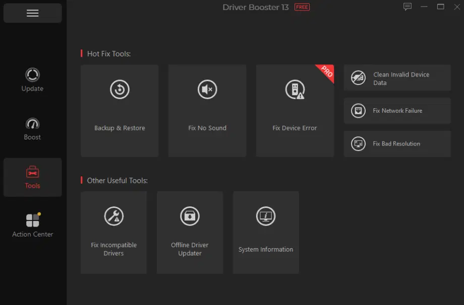Interface IObit Driver Booster 13 affichant des outils de correctifs, y compris des options de sauvegarde, de correction du son, des erreurs de périphérique et d'autres utilitaires de pilote.