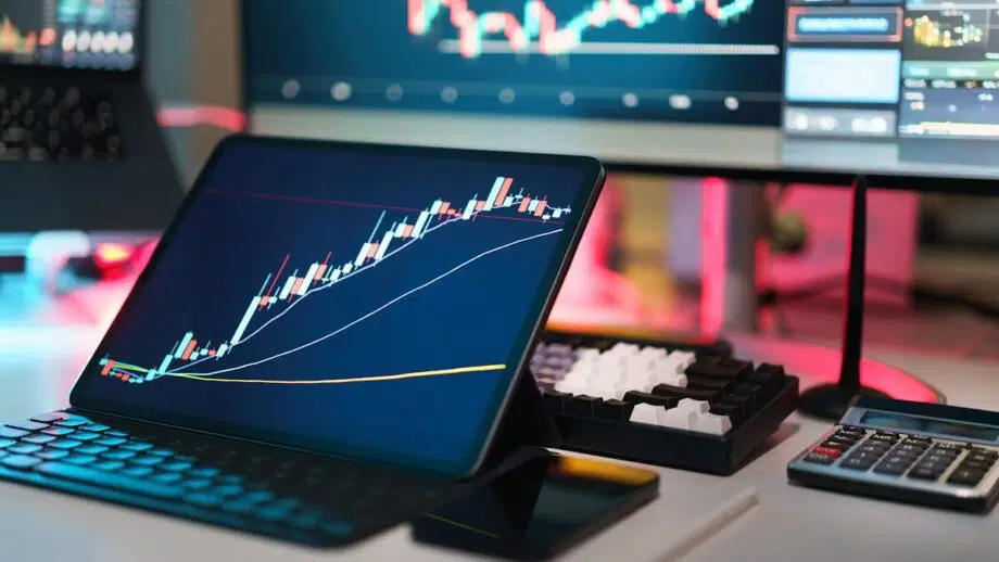Une tablette affiche un graphique boursier en chandelier sur un bureau avec un clavier, une calculatrice, un stylet et des écrans d'ordinateur en arrière-plan.