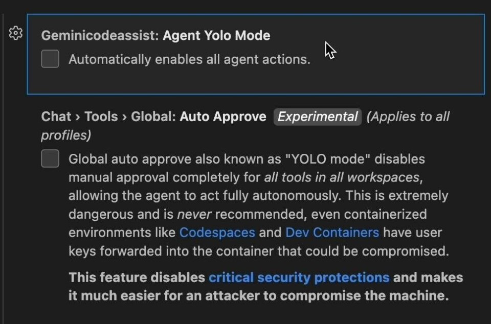 Le paramètre global d'approbation automatique pour Google Gemini dans VS Code avec un avertissement de ne jamais l'utiliser