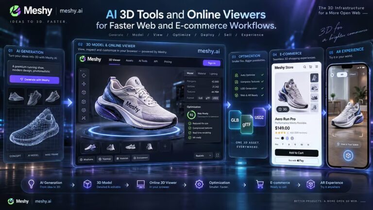 Outils IA 3D et visionneuses en ligne de Meshy pour des flux de travail Web et de commerce électronique plus rapides